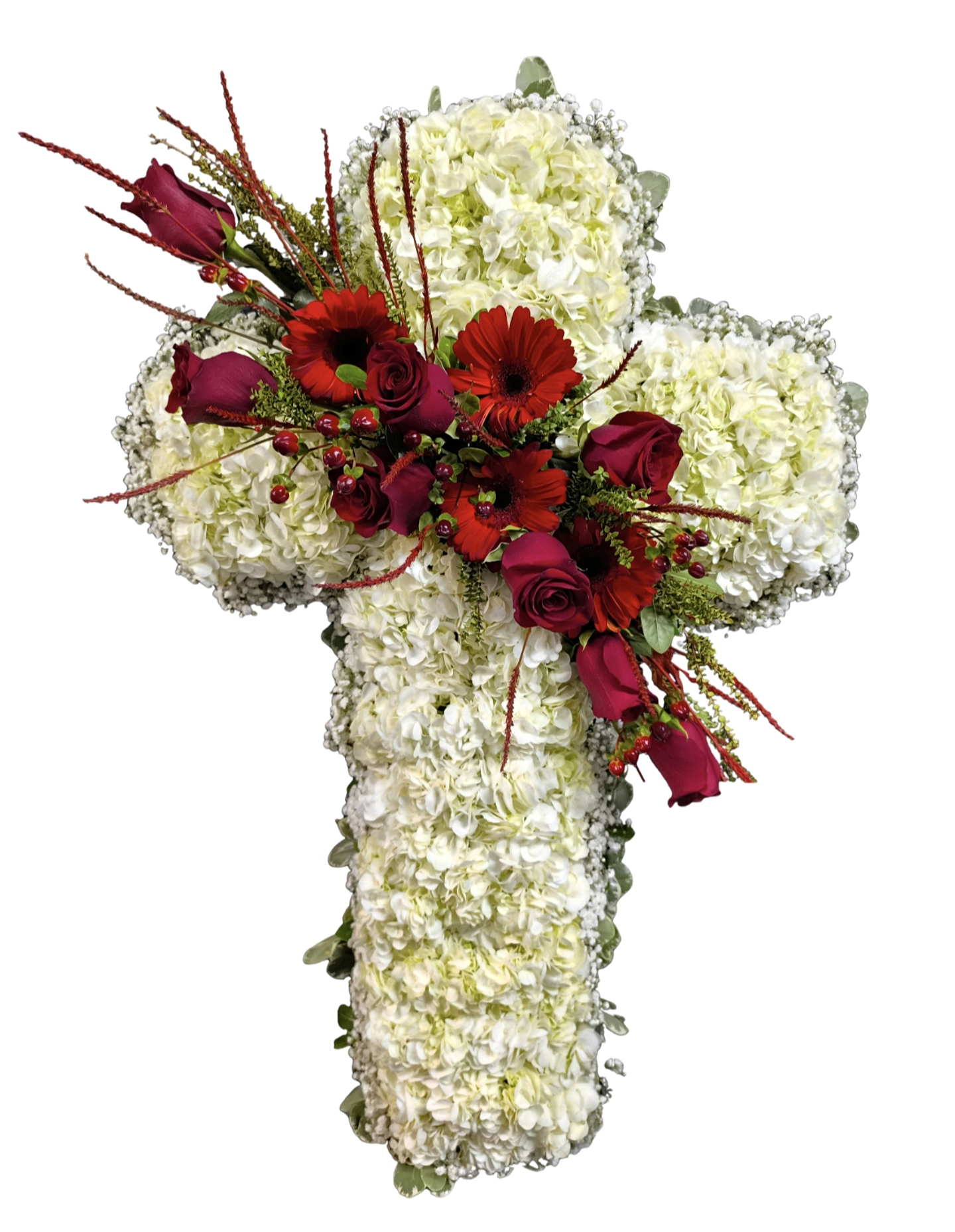 Cruz blanca descanso eterno de hortensias blancas 1