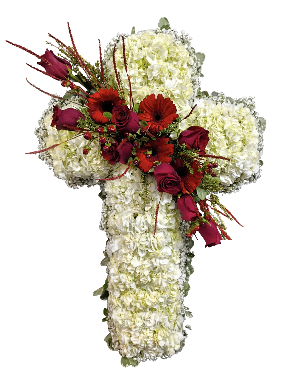 Cruz blanca descanso eterno de hortensias blancas 1