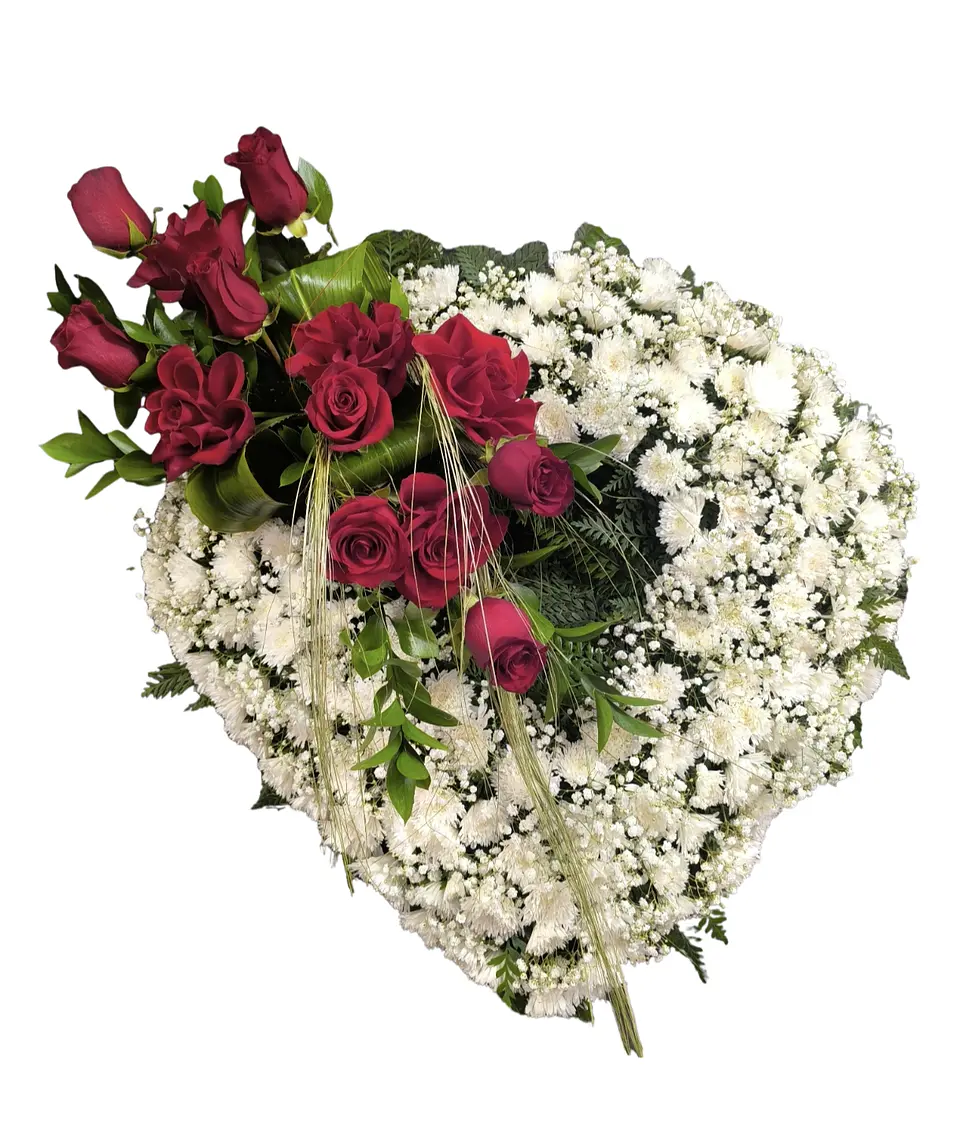 Corazón de condolencias con aplicado de rosas rojas  1