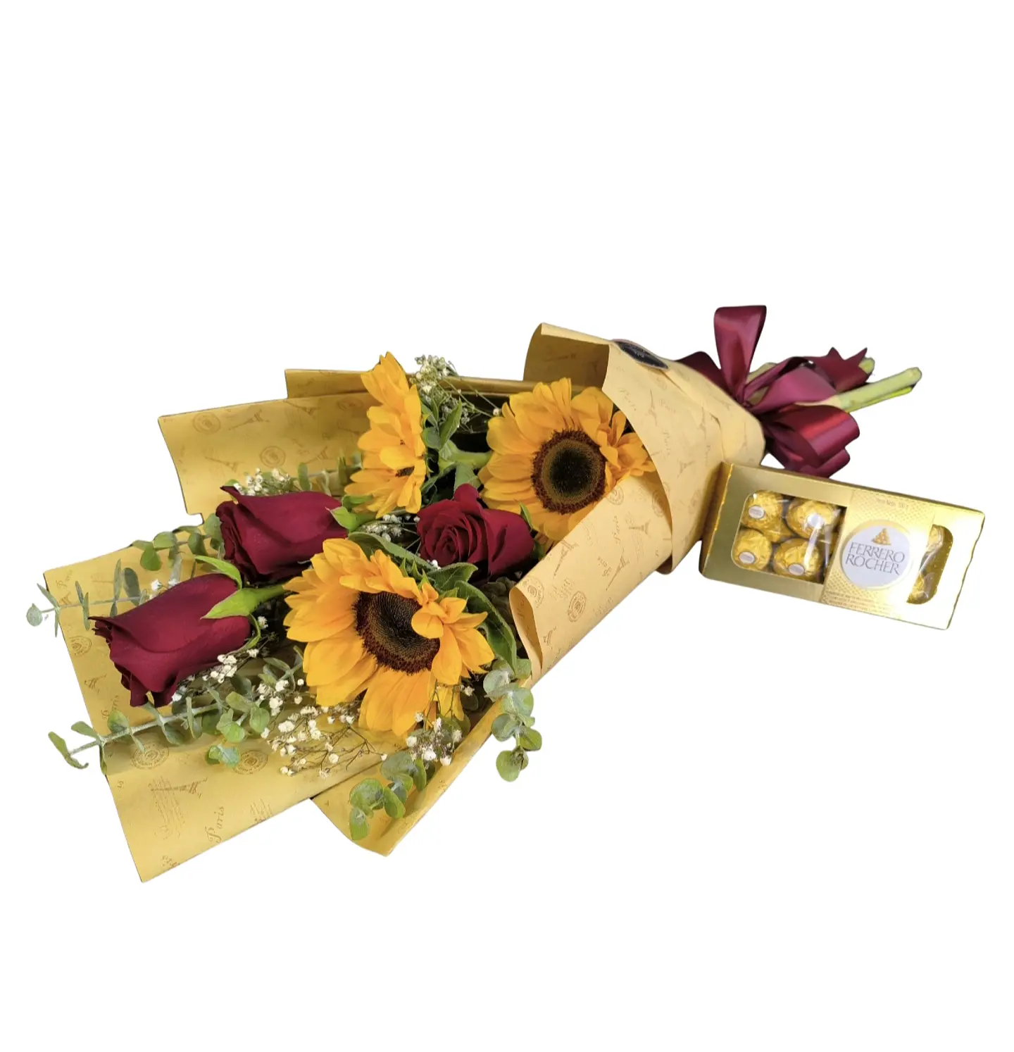 Ramo de rosas, girasoles y bombones  1