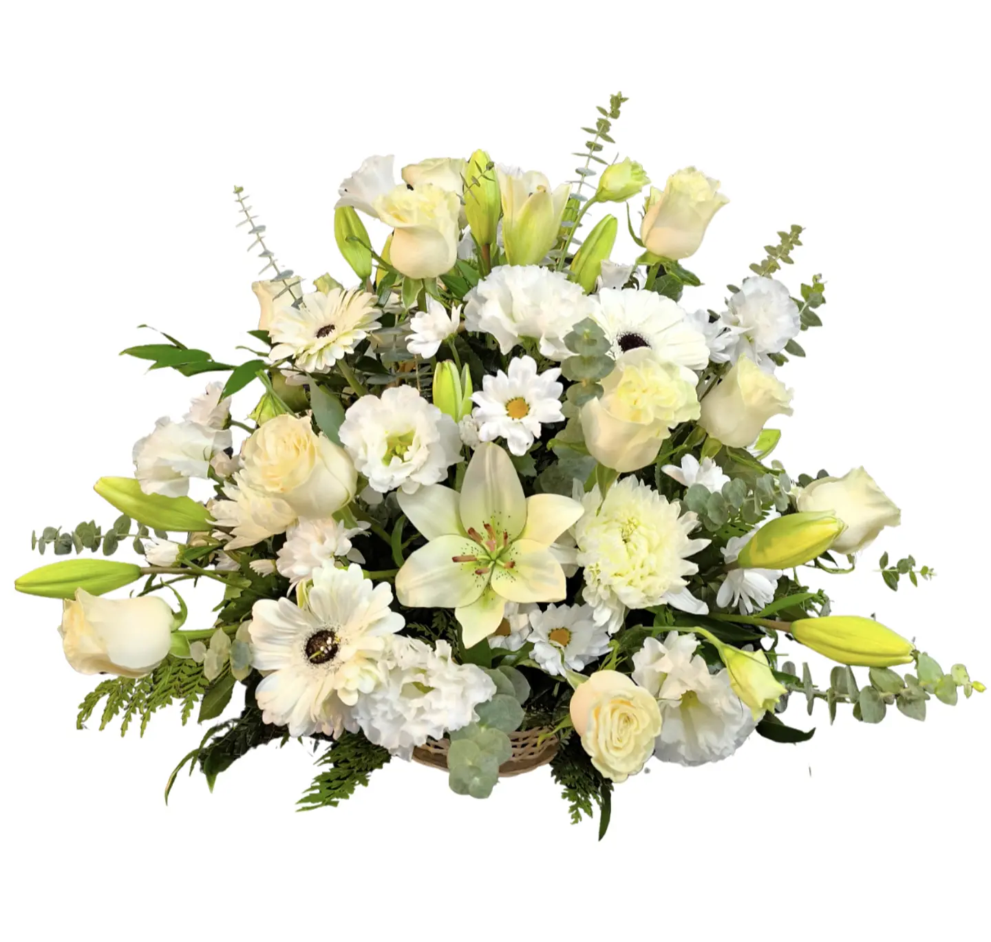 Cesta blanca de rosas y flores de estación  1