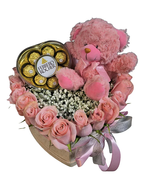 Box corazón de rosas, bombones y peluche rosado