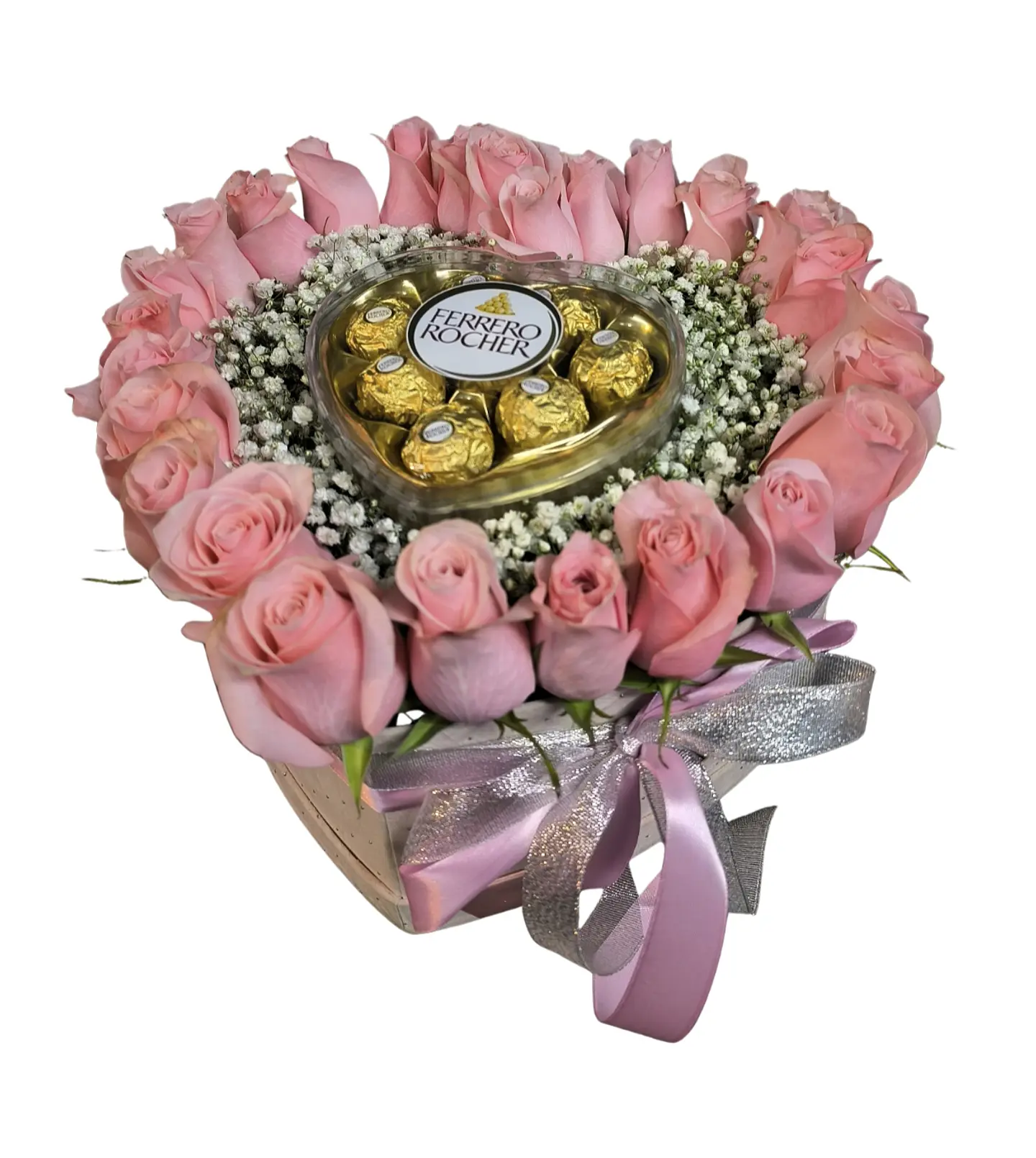 Box corazón de rosas, bombones y peluche rosado 3