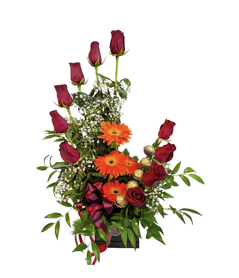 Medialuna de rosas, gerberas  y bombones 