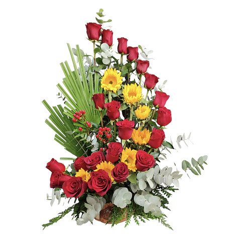 Caracol de rosas rojas y girasoles fresh time