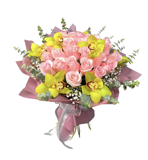 Bouquet de 24 rosas rosadas y orquideas