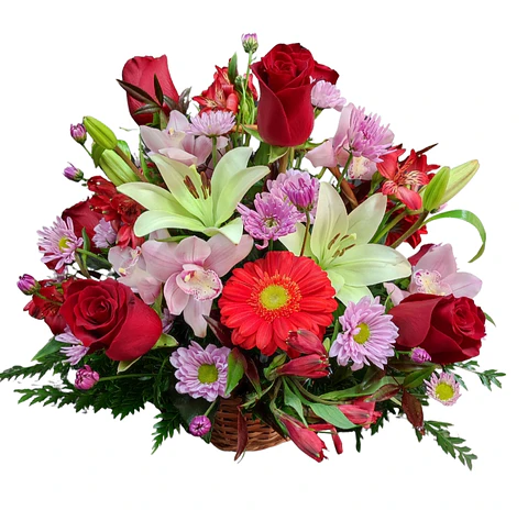 Cesta redonda de rosas rojas y orquídeas Cymbidium 