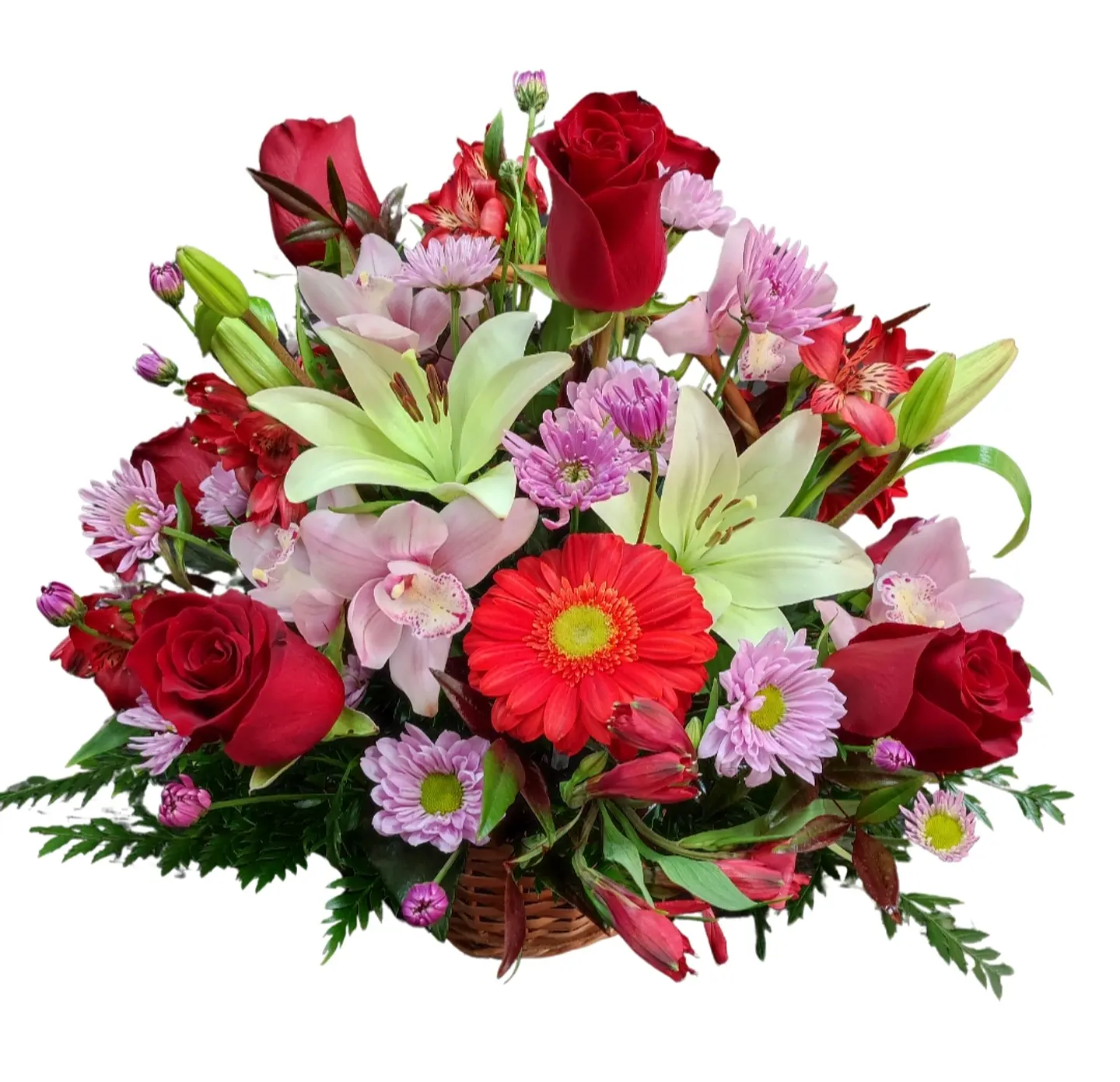 Cesta redonda de rosas rojas y orquídeas Cymbidium  1