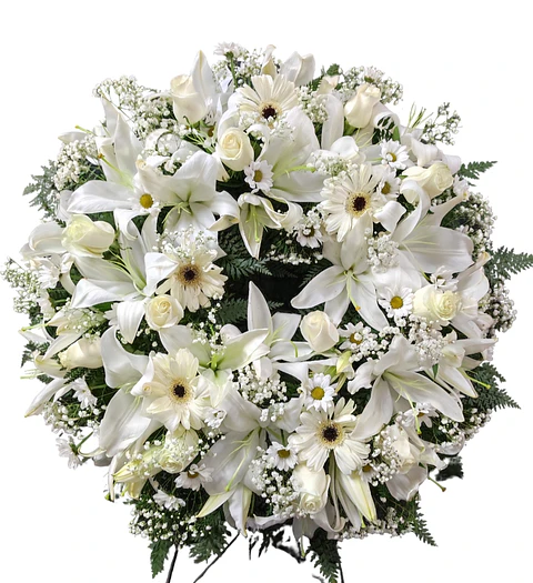 Corona de liliums y rosas blancas