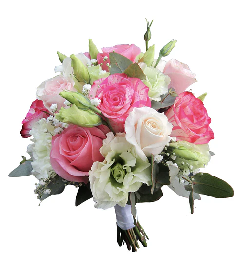 Ramo de novia de rosas rosadas y lisianthus 