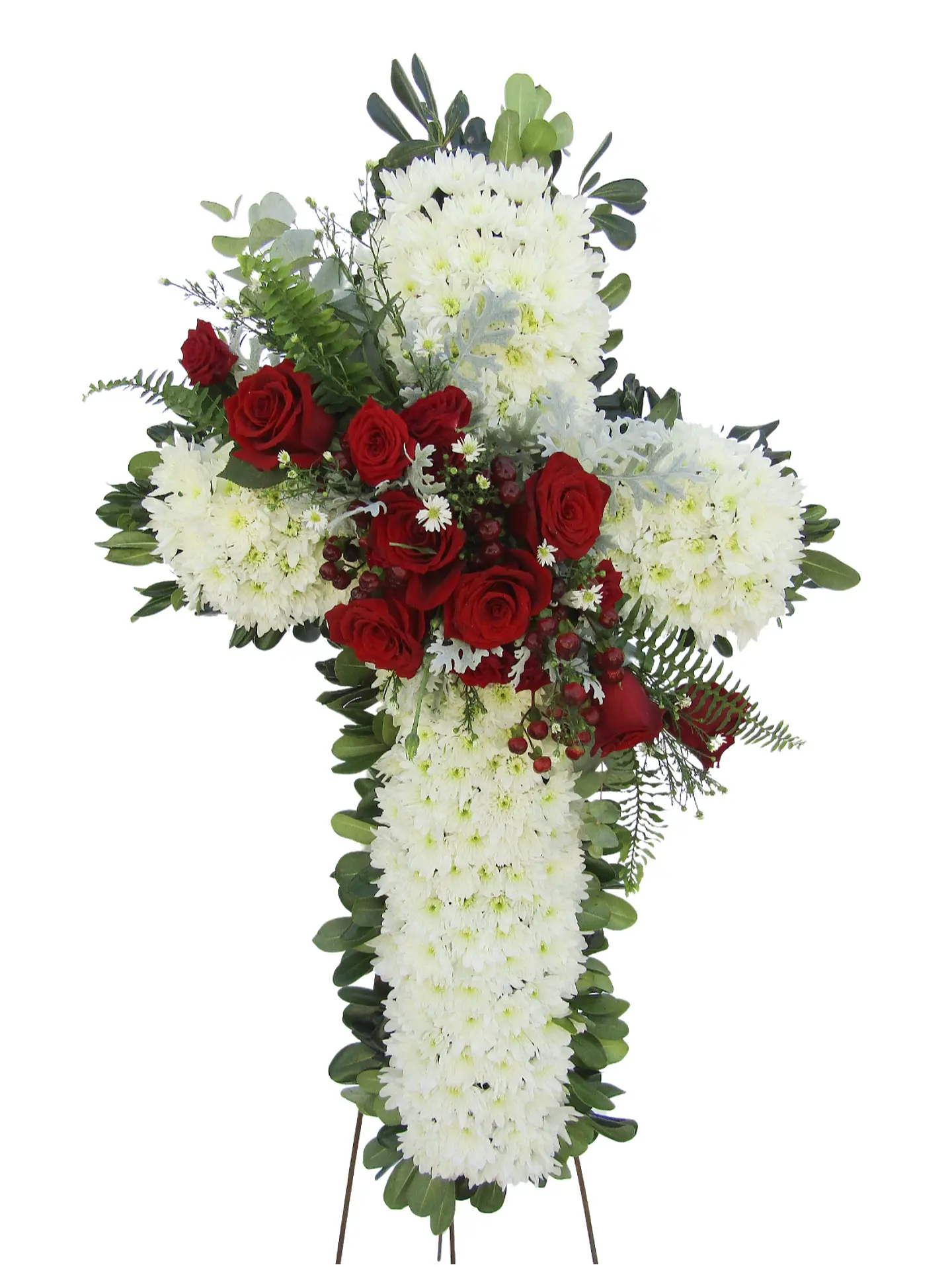 Cruz blanca con moño de rosas rojas  1