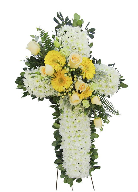 Cruz con moño de rosas y flores surtidas 