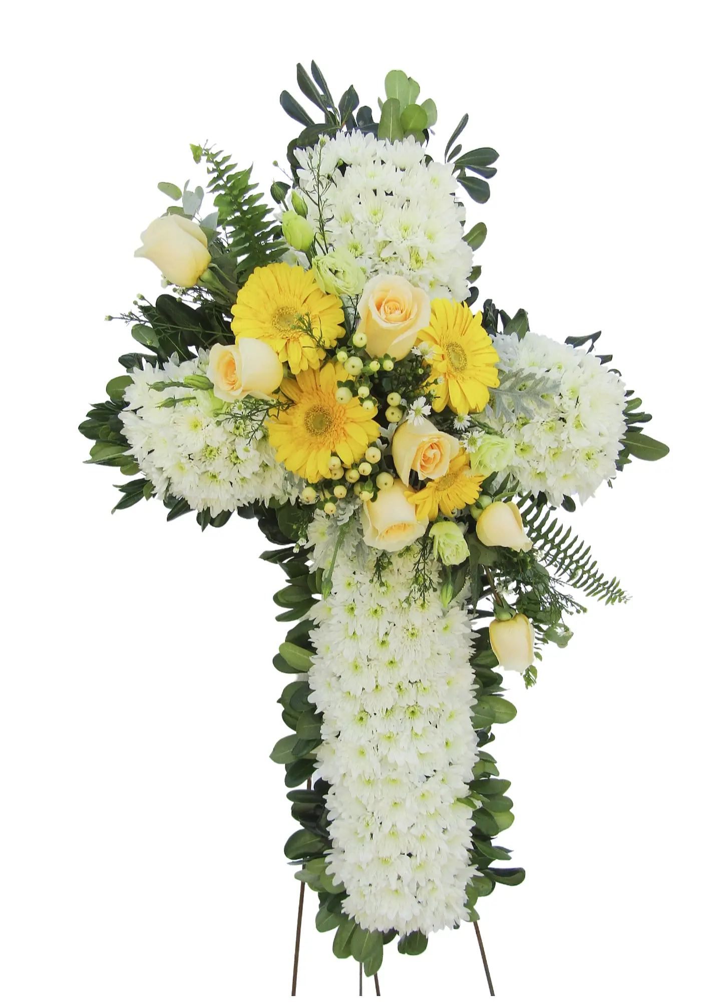Cruz con moño de rosas y flores surtidas  1