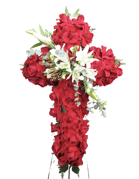Cruz de rosas rojas en atril