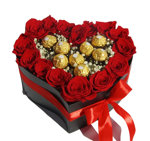 Corazón de rosas rojas y bombones 