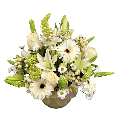 Pecera de flores mixtas surtidas en tonos blancos 