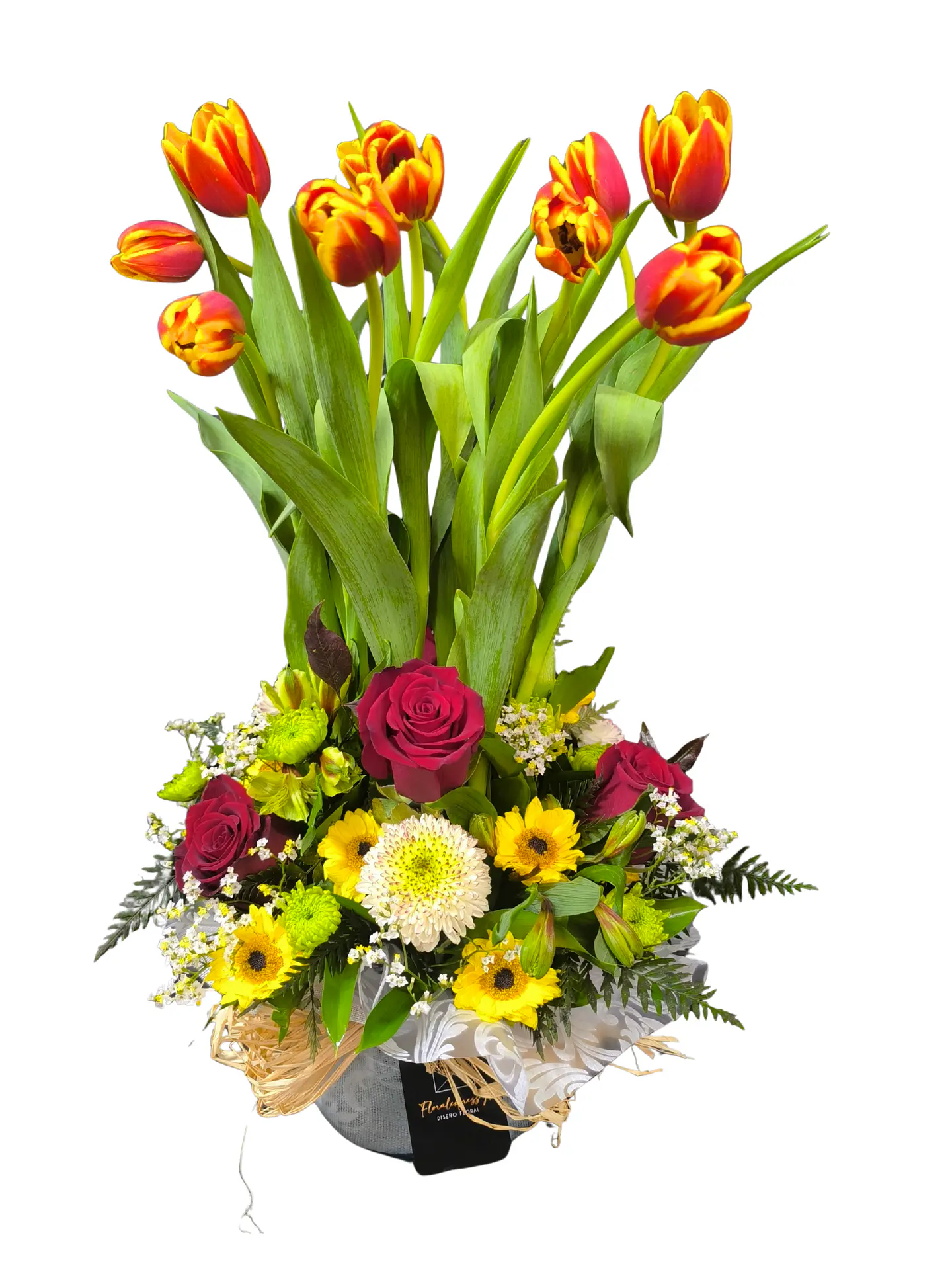 Pecera de tulipanes anaranjados y rosas  1