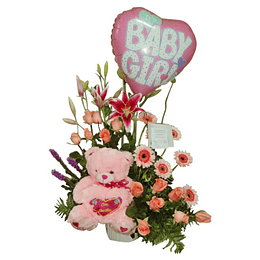 Arreglo Floral Mixto más Globo Bebé y Peluche