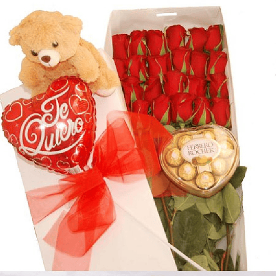 24 Rosas en Caja más Globo y Peluche | Envía Amor Sofisticado 