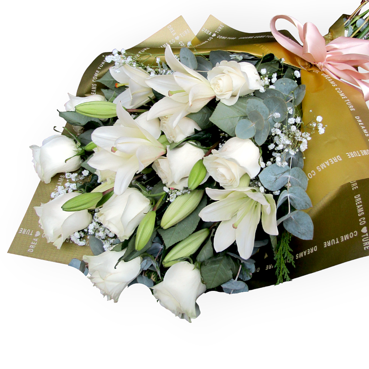Ramo de 12 Rosas Blancas y Liliums  1