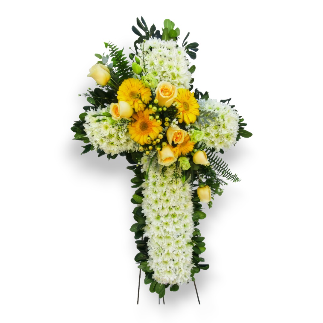 Cruz Fúnebre en Blanco y moño de rosas y gerberas