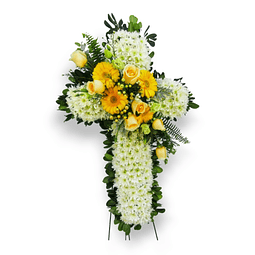 Cruz Fúnebre en Blanco y moño de rosas y gerberas