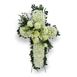 Cruz Fúnebre en Blanco y moño de rosas y liliums