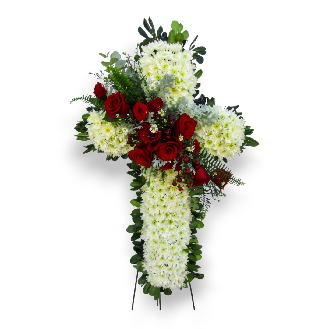 Cruz Fúnebre en Blanco y moño de rosas rojas