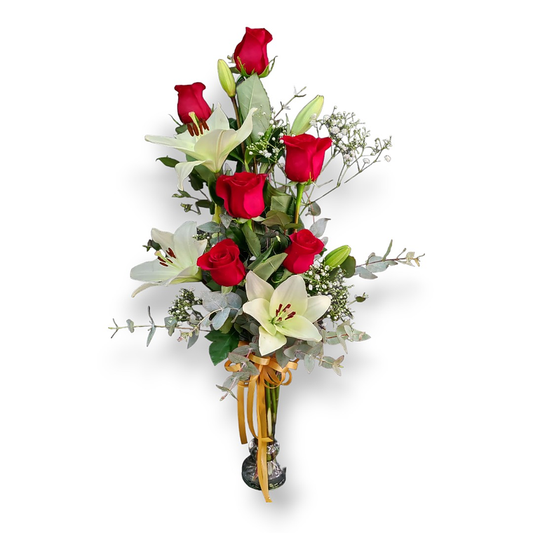 Florero con Rosas Rojas y Lirios Blancos 1