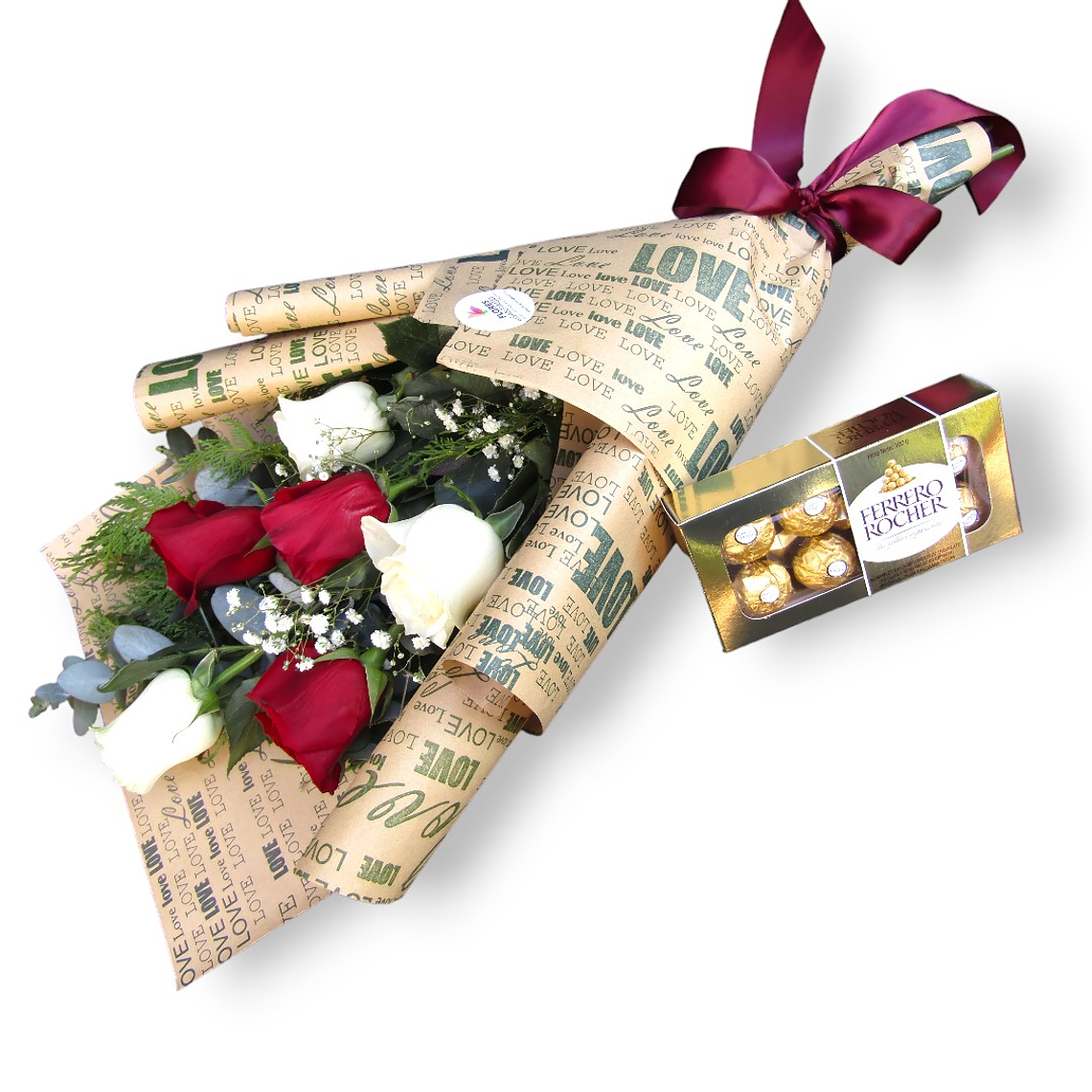 Oferta Exclusiva: Ramo 6 Rosas Rojas y Blancas + Ferrero Rocher  1
