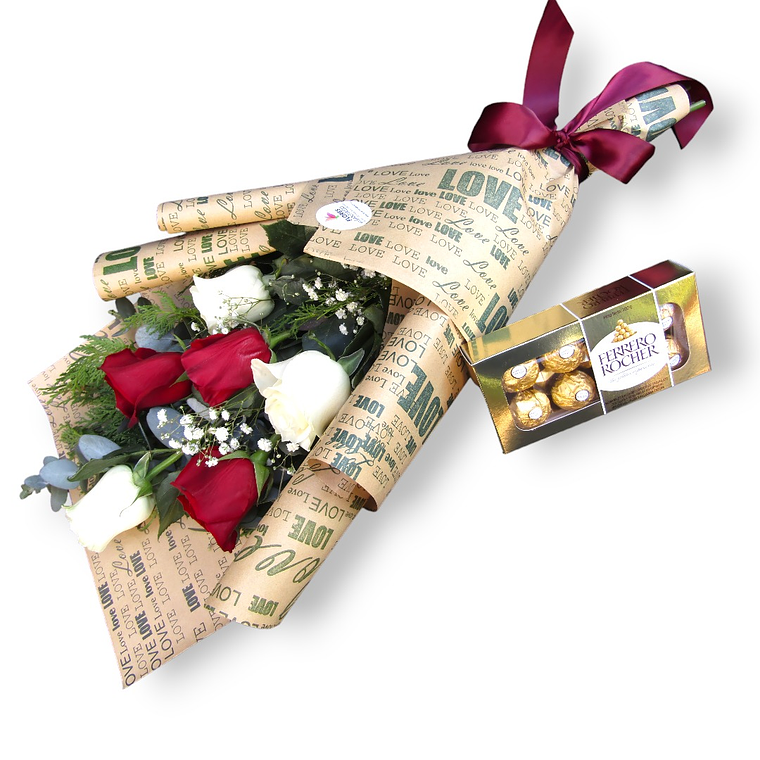 Oferta Exclusiva: Ramo 6 Rosas Rojas y Blancas + Ferrero Rocher  1