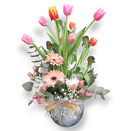 Pecera con Tulipanes y flores mixtas