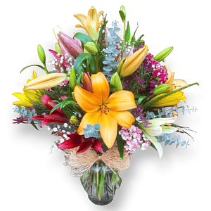 Florero con Lirios y Flores Variadas con colores Vivos 