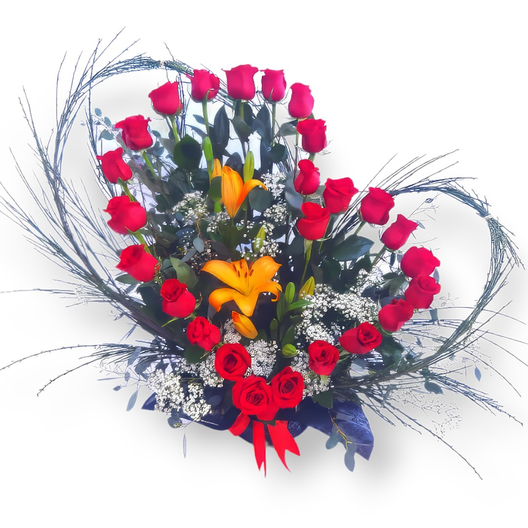 Corazón de Rosas Rojas y Lirios Naranjas | Regalo de Amor 1