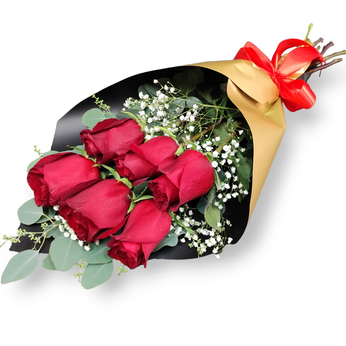 Ramo de 6 Rosas Rojas y Eucalipto – Detalle Romántico 1