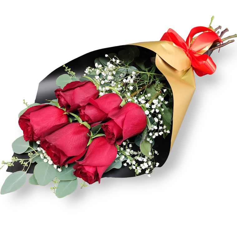 Ramo de 6 Rosas Rojas y Eucalipto – Detalle Romántico 1
