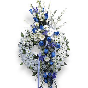 Corona Condolencias Blanco y Azul en Atril