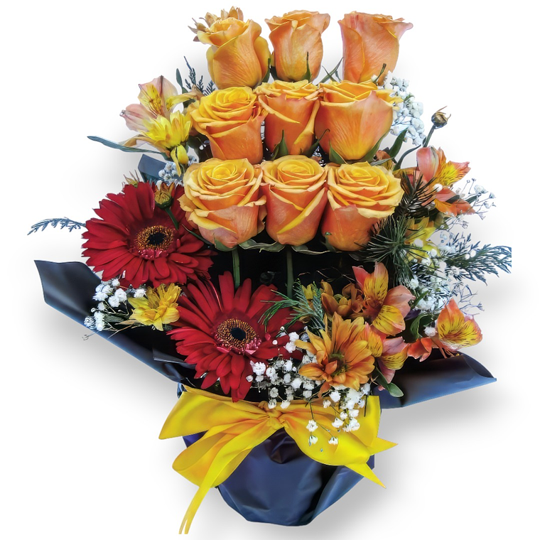 Arreglo de Rosas Durazno y Gerberas Rojas 1