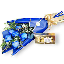 Ramo de 6 Rosas Azules con Bombones Ferrero Rocher 