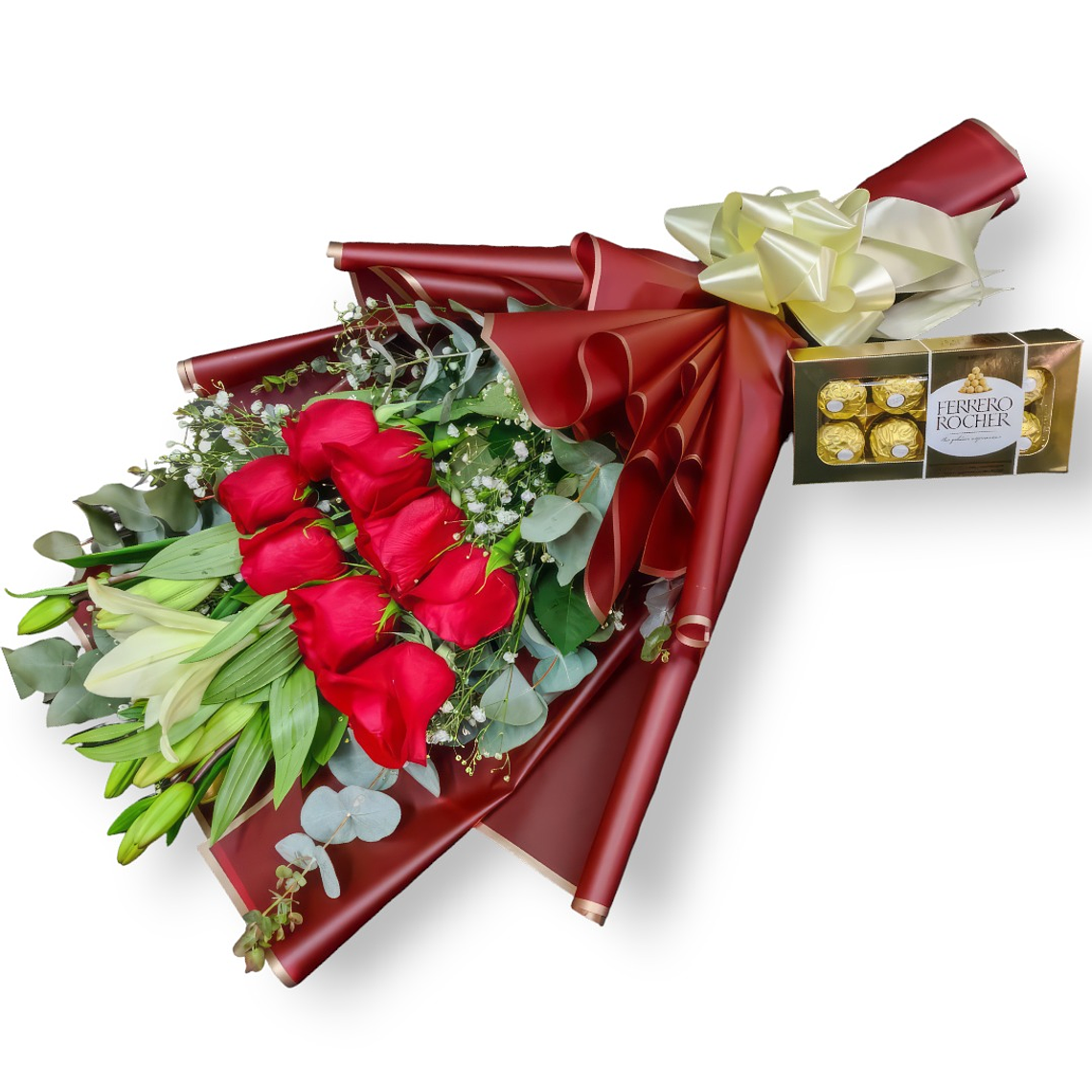 Ramo de Rosas Rojas, Lirios y Ferrero Rocher – Pasión y Dulzura 1