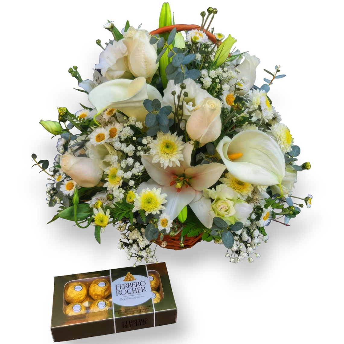 Cesta de Flores Blancas con Ferrero Rocher 1