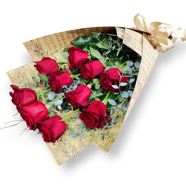 Ramo de 10 Rosas Rojas con Envoltura Vintage 1