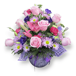 Arreglo de Rosas Rosadas y Flores Moradas