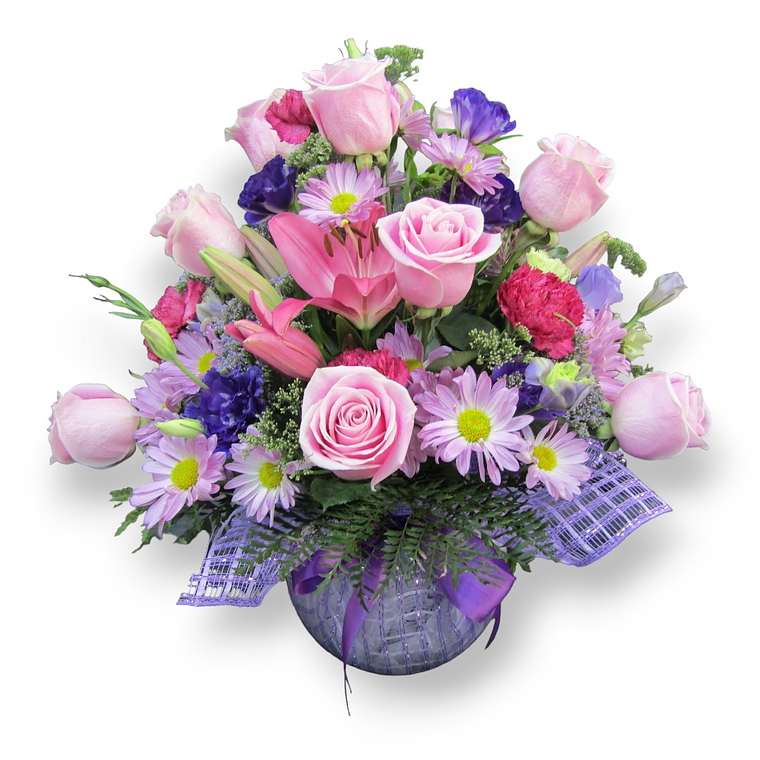 Arreglo de Rosas Rosadas y Flores Moradas 1