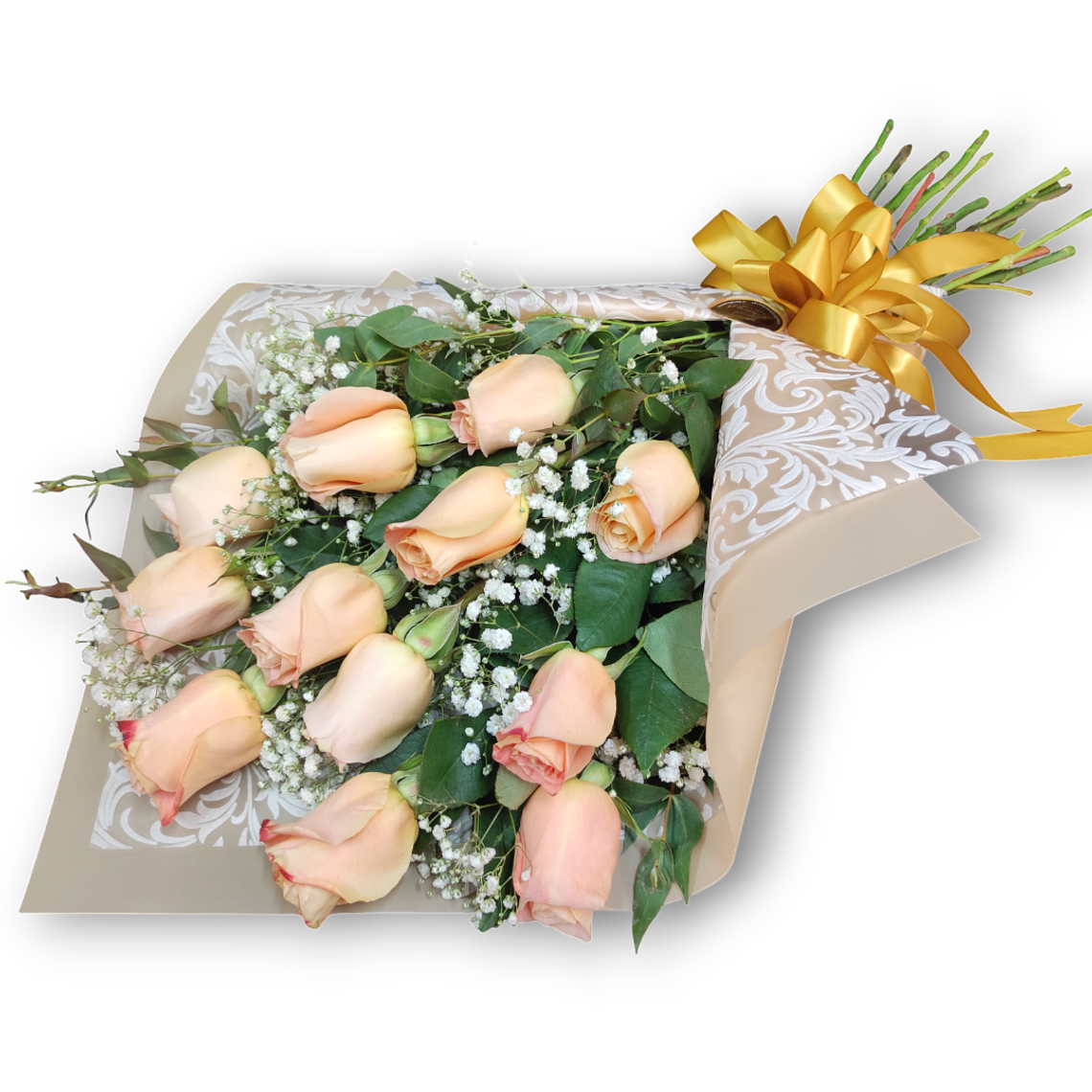 Ramo de 12 Rosas Durazno y Gipsofilia 1