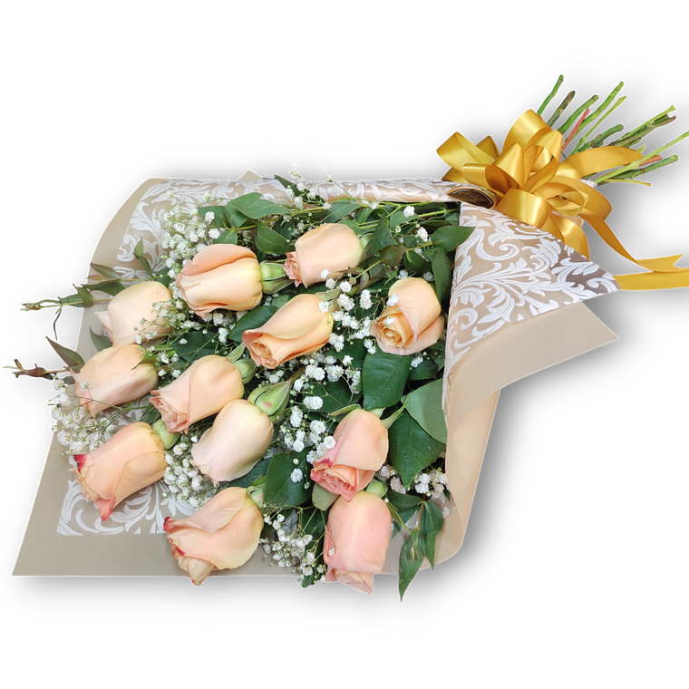 Ramo de 12 Rosas Durazno y Gipsofilia 1