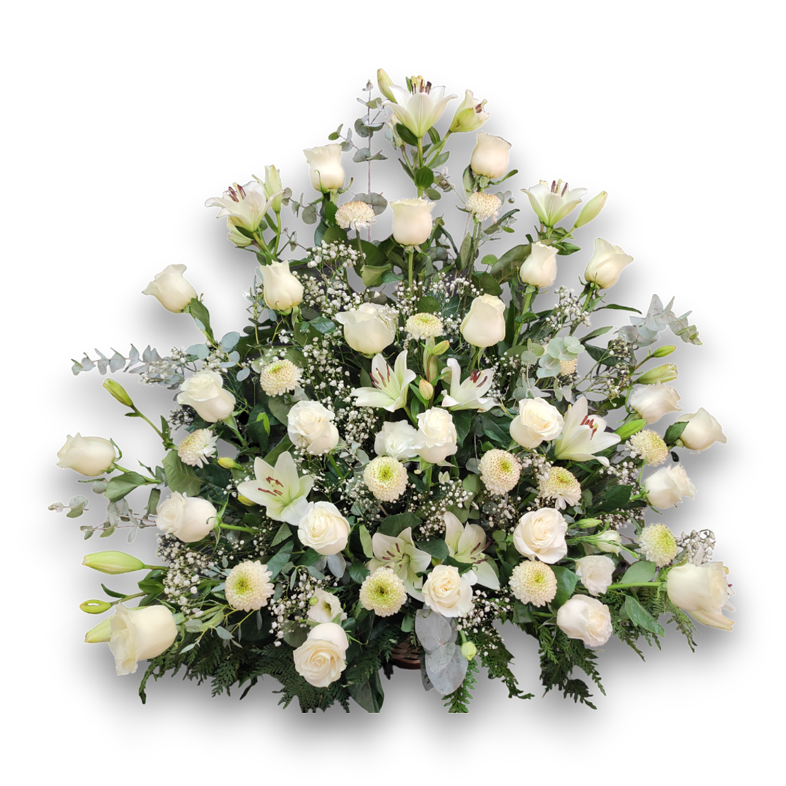 Pie de Urna Condolencias – Cesta Blanca con Rosas y Liliums Santiago 1