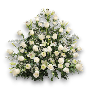 Pie de Urna Condolencias – Cesta Blanca con Rosas y Liliums Santiago
