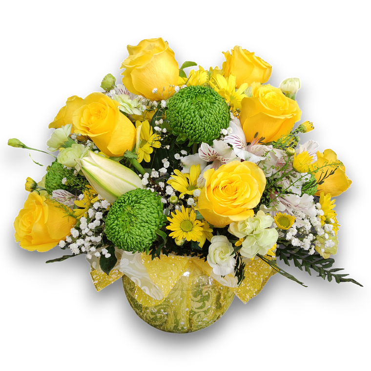 Arreglo de Rosas Amarillas y Flores Verdes en Florero 1