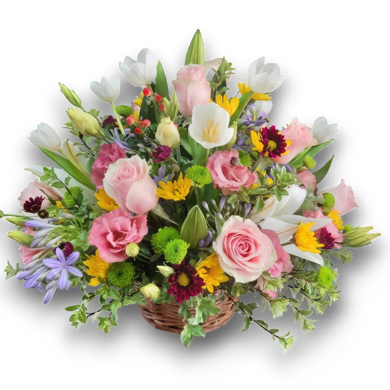 Cesta de Flores Mixtas Premium: Tulipanes, Rosas, Lirios y más  1